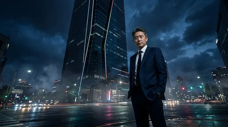 Ji Sung, Moon So-ri, and Ha Yoon-kyung standing in front of a shadowy luxury Seoul apartment tower in The Apartment Job K-Drama Caption: